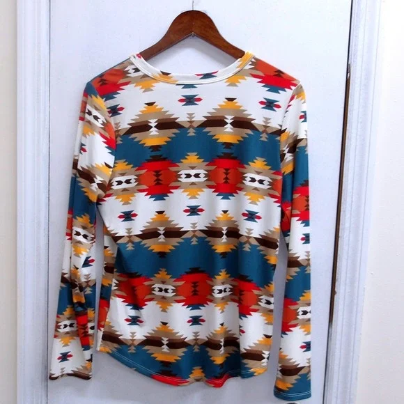 NO BOUNDARIES Womens Crew Neck Aztec Print Ribbed Tee Shirt XXL /#2677 - Picture 2 of 3